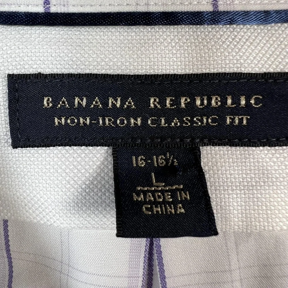 Banana Republic Dress Shirt Mens L 16.5 White Purple Check Non Iron Classic Fit